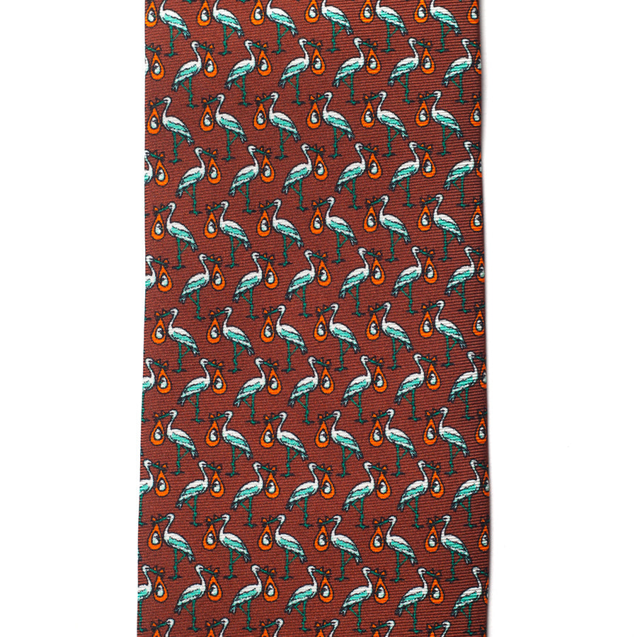 Terracotta Stork Microprint Silk Tie - pattern detail