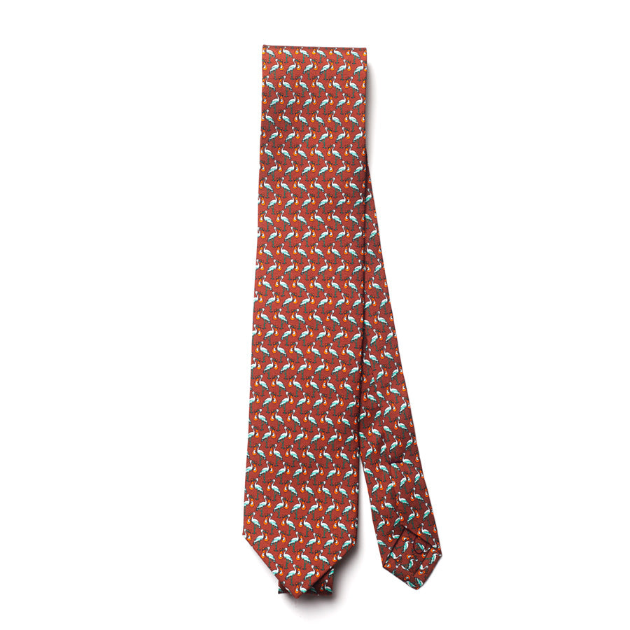 Terracotta Stork Microprint Silk Tie - full view