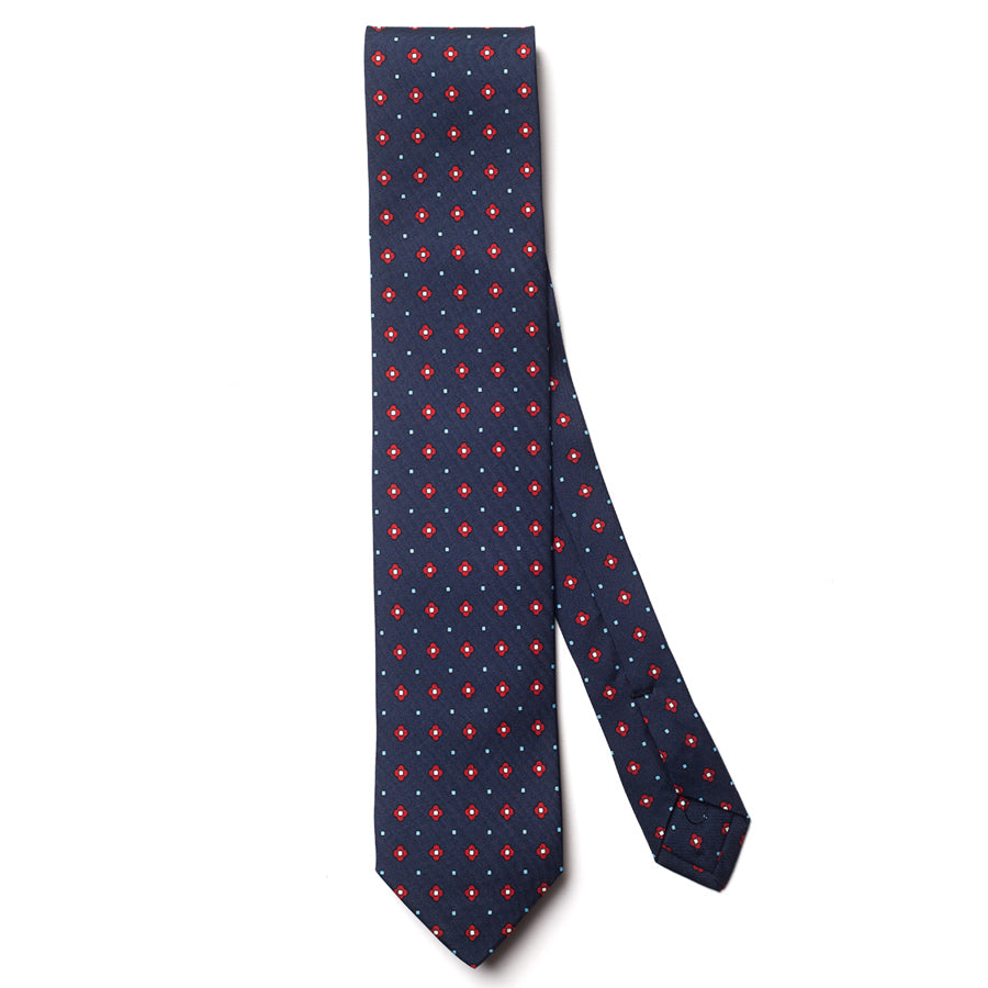Navy and Red Four-Petal Floral Silk Tie - full view
