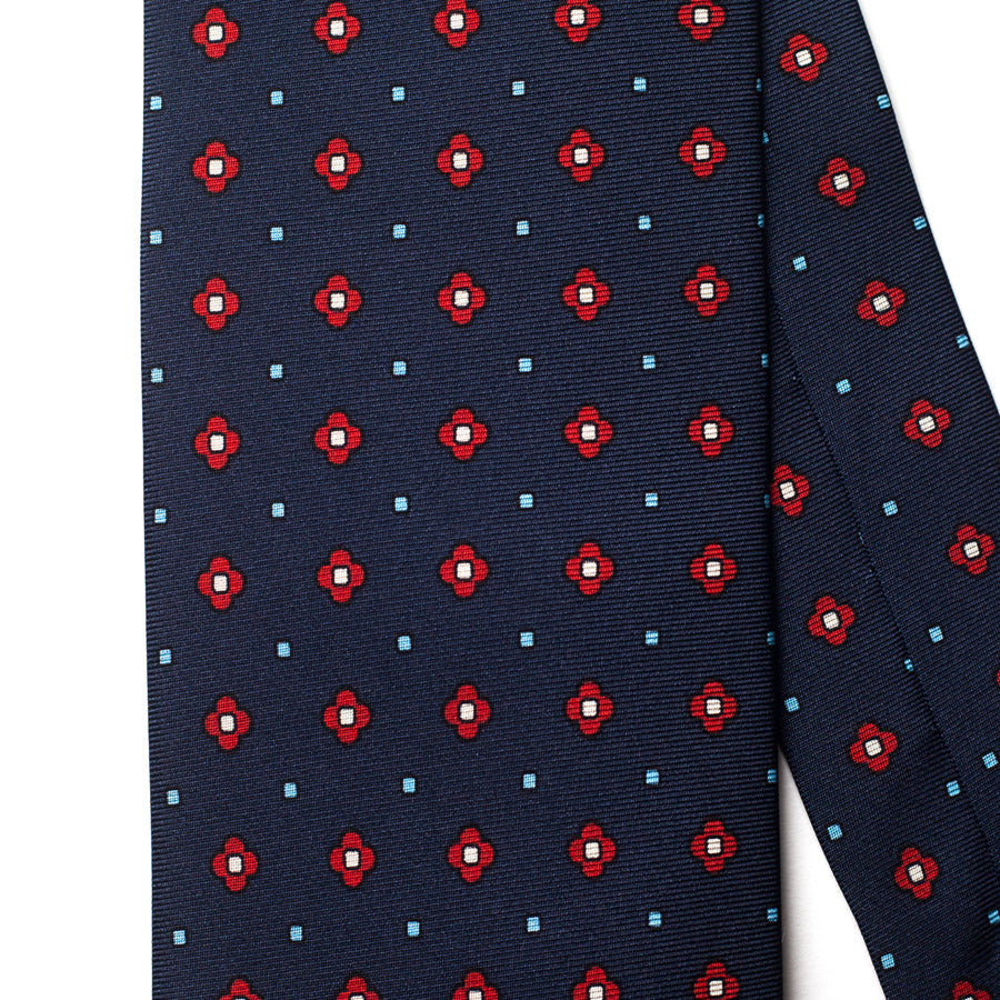 Navy and Red Four-Petal Floral Silk Tie - pattern detail