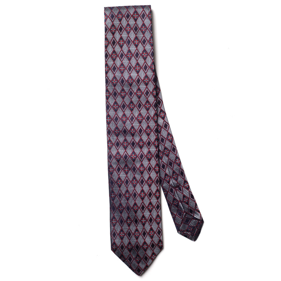 Burgundy and Silver Floral Diamond Silk Tie - full view